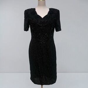 VTG 80s 90s Scala Beaded Silk Dress M Black Dynasty Sequin V-Neck Evening Glam